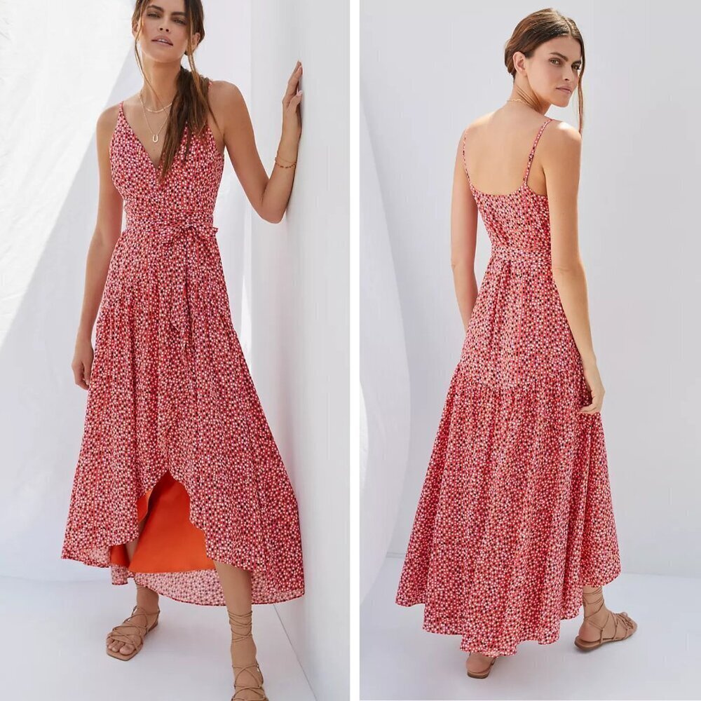 Hutch x Anthropologie Orange Dots Stripes Flutter Wrap Midi Dress 20719 - Picture 3 of 14